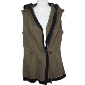 BKE Hooded Vest Women Sleeveless Distressed Olive Green Black Trim Size …